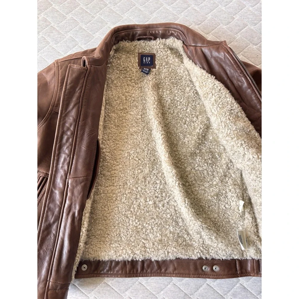 Gap Jacket Kids XL 12-16 Brown Leather Sherpa Lined Zip Coat Warm Winter